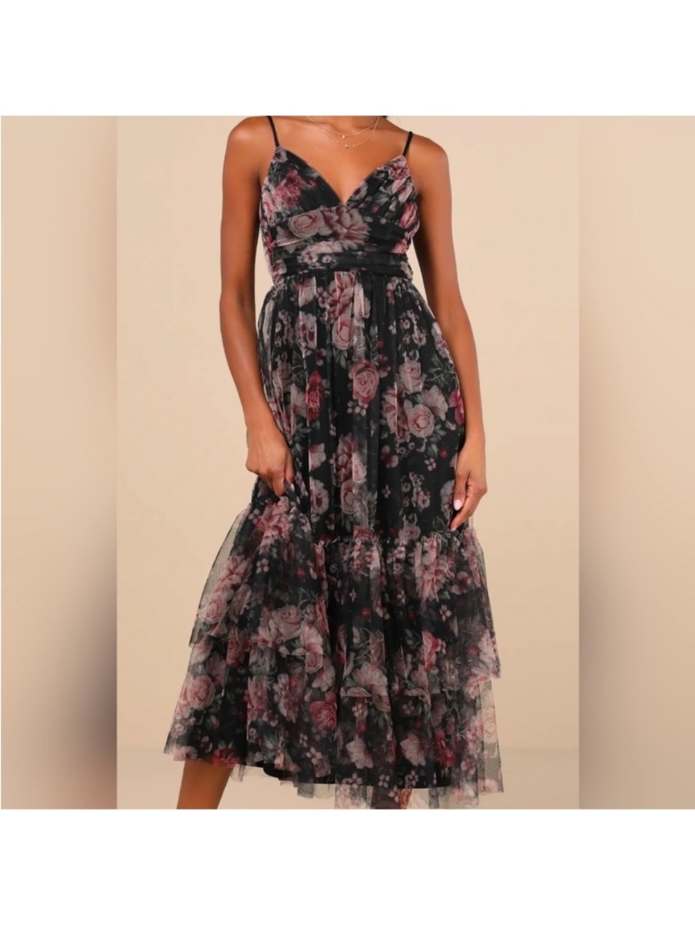 Lulu's Black Floral Tiered Mesh Maxi Dress with Pink Roses - Picture 3 of 15